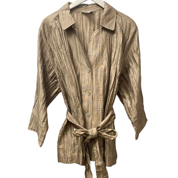 KATE HILL Jacket Plus Size 20W Linen Blend Tan Crinkle Belted Artsy Top - Picture 1 of 10